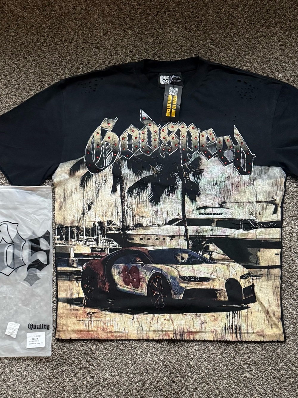 Black Short-Sleeve Graphic Tee with Automotive & Yacht Scene